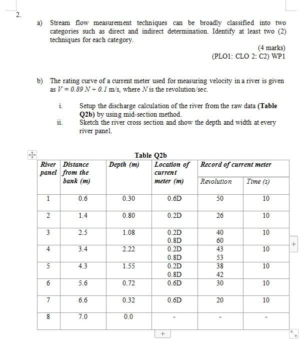 Solved 2. 2. a) Stream flow measurement techniques can be | Chegg.com