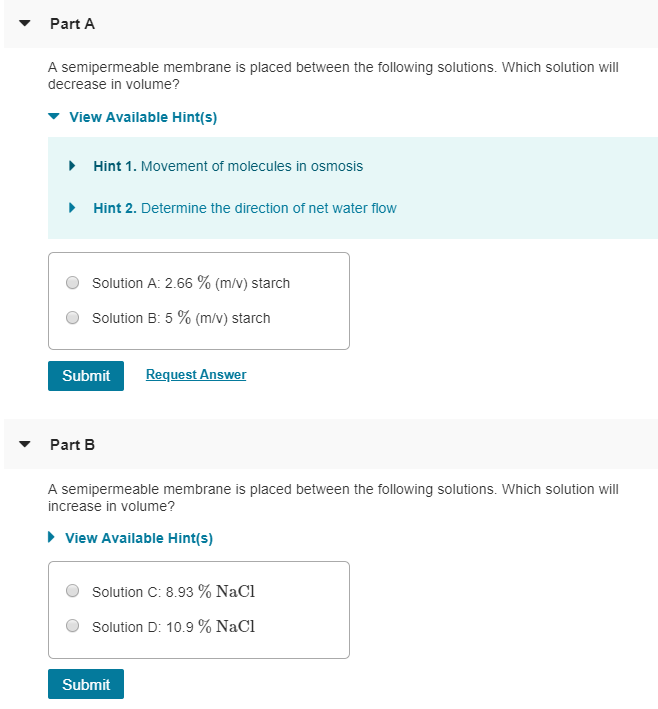 Solved Part A A semipermeable membrane is placed between | Chegg.com