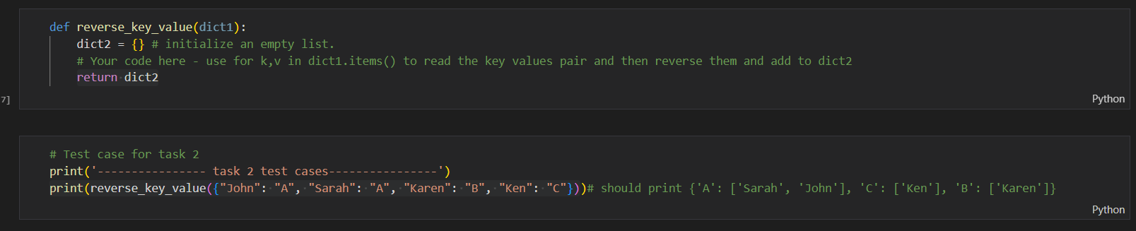 Solved def reverse_key_value(dict1): dict2 ={} \# initialize | Chegg.com