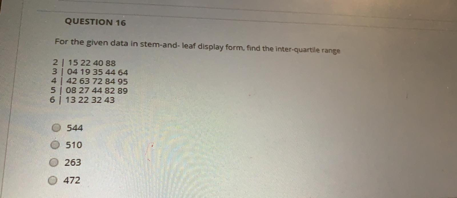 Solved QUESTION 16 For the given data in stem-and-leaf | Chegg.com