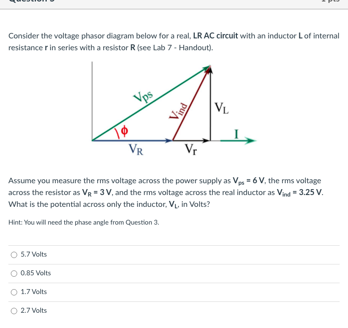 Solved Consider the voltage phasor diagram below for a real,