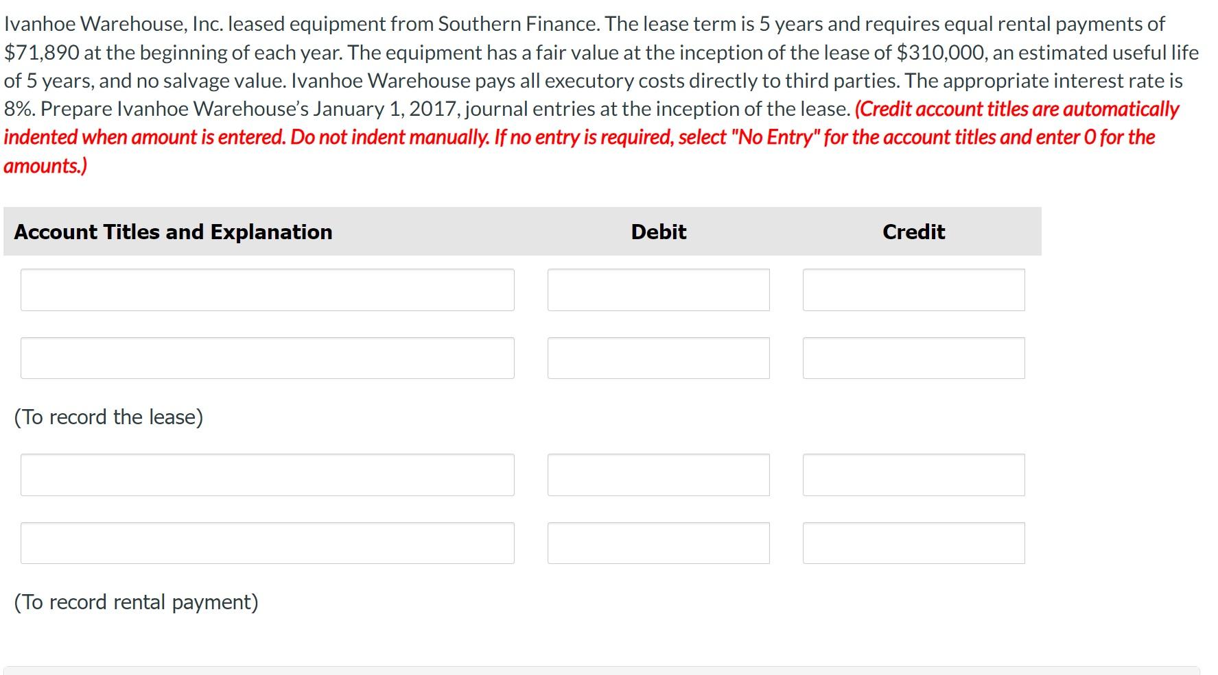 Solved Prepare Ivanhoe Warehouse’s January 1, 2017,