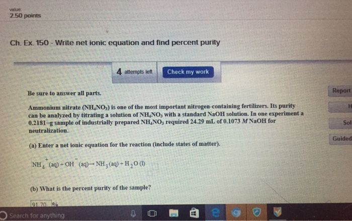 Solved Write net ionic equation and find percent purity | Chegg.com