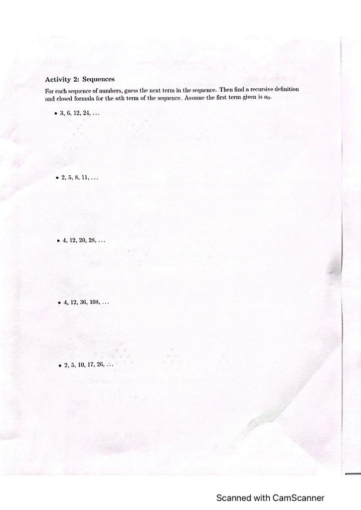 Solved Activity 2: Sequences For each sequence of numbers, | Chegg.com