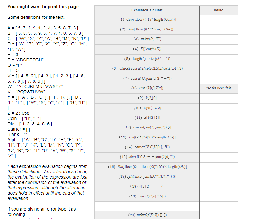 Solved You might want to print this page Evaluate/Calculate | Chegg.com