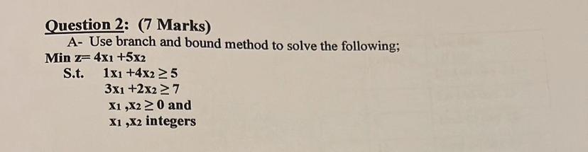 Solved Question 2: (7 Marks) A- Use branch and bound method | Chegg.com