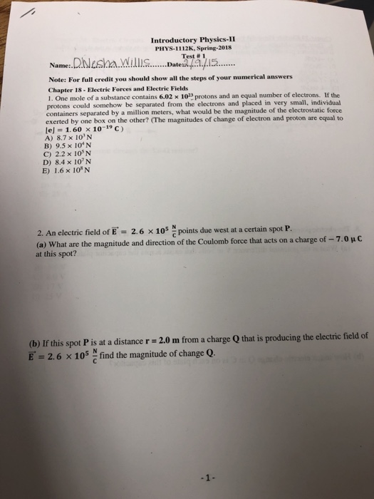 Solved Introductory Physics-11 PHYS-1112K, Spring-2018 Test | Chegg.com