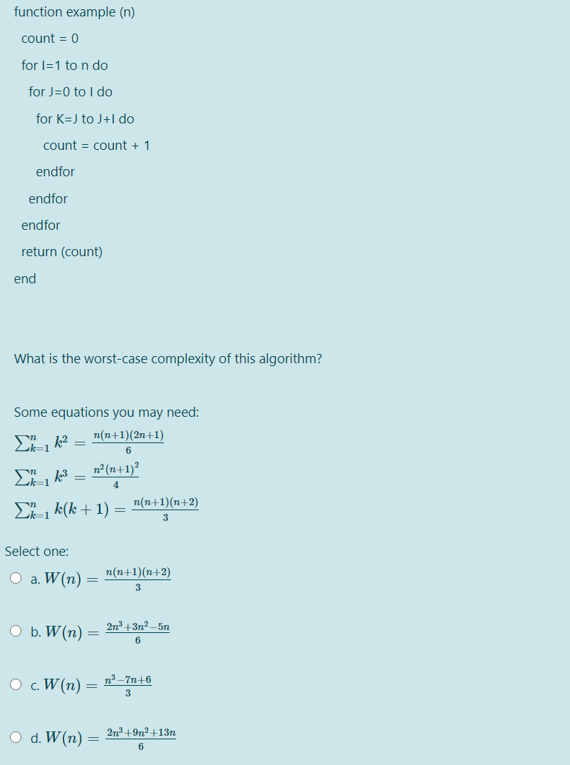 Solved function example (n) count = 0 for 1=1 to n do for | Chegg.com