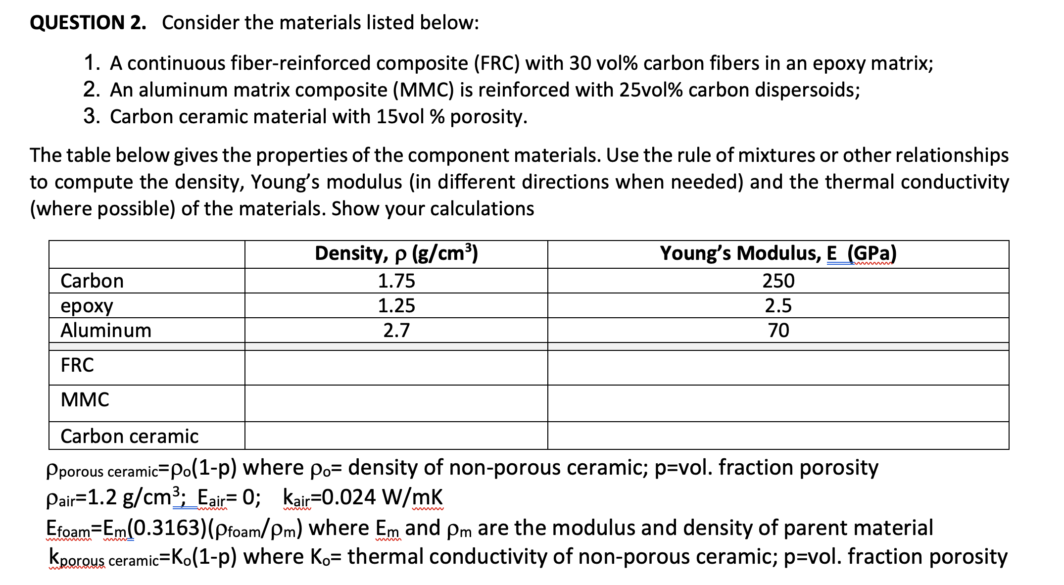 Solved Question 2. Consider The Materials Listed Below: 1. A 