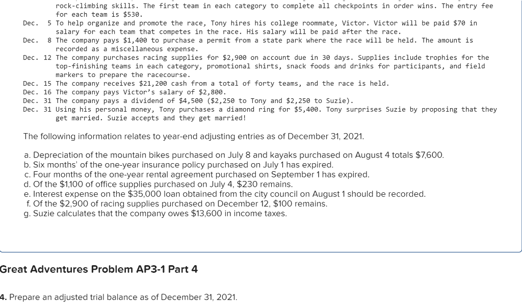 Solved Great Adventures Problem AP3-1 (The following | Chegg.com