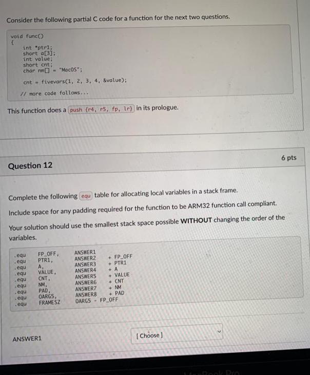 Consider the following partial C code for a function | Chegg.com
