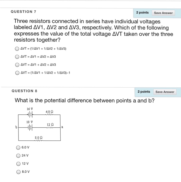 Solved QUESTION 7 2 points Save Answer Three resistors | Chegg.com
