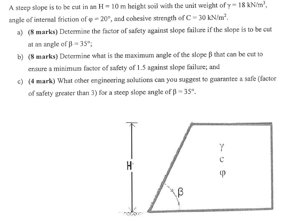 Solved A steep slope is to be cut in an H=10m ﻿height soil | Chegg.com
