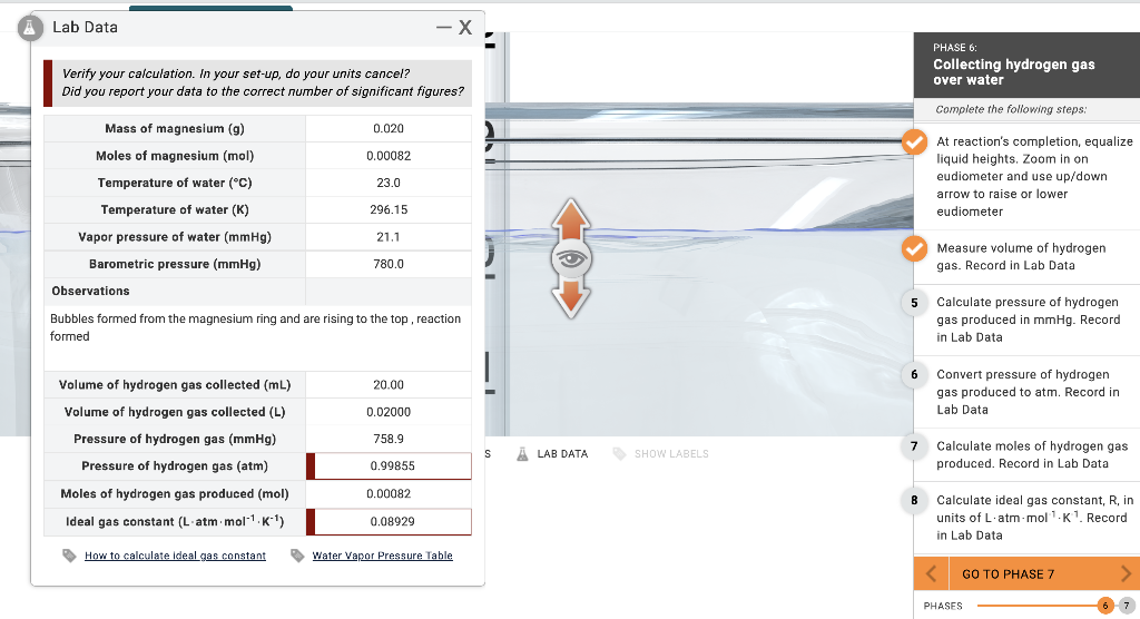 Solved Ā Lab Data X PHASE 6 Collecting hydrogen gas over