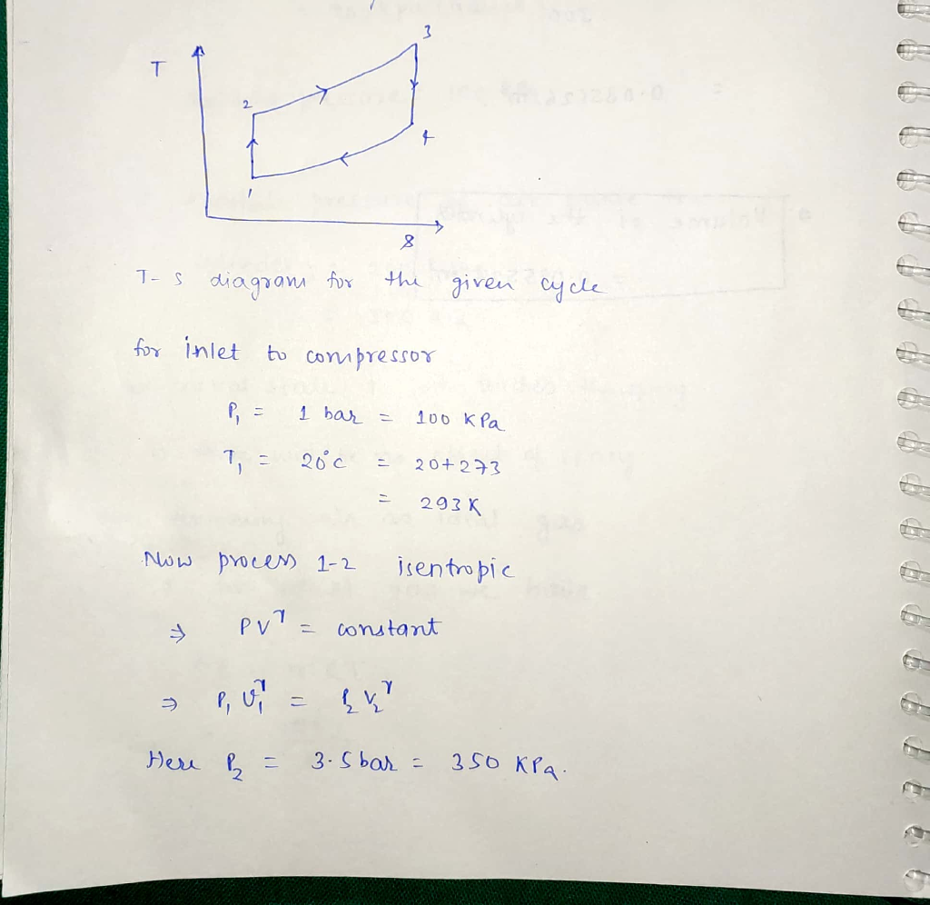 t- s diagram for the given cycle for inlet to compressor p = 1 bar = 100 kpa t = 20 c = 20+273 = 293 k now process 1-2 isentr