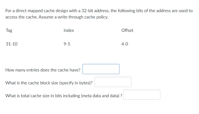 Solved For a direct mapped cache design with a 32-bit | Chegg.com