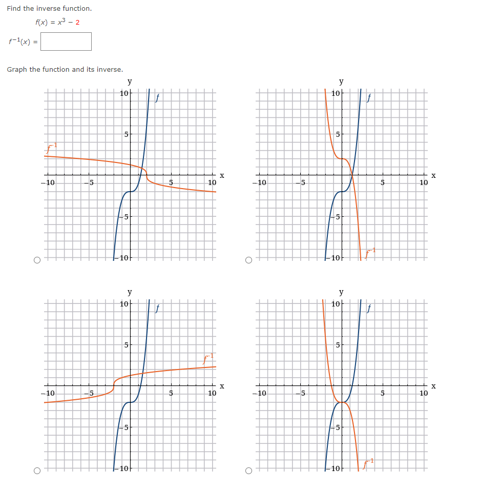 Find the inverse function.f(x)=x3-2f-1(x)=Graph the | Chegg.com