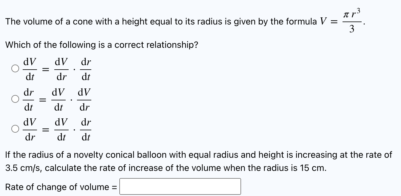 the volume of cone with height equal to radius