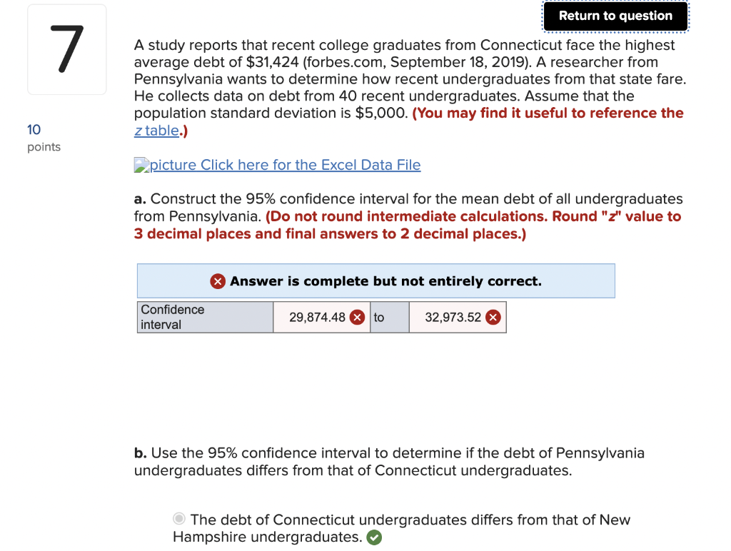 A study reports that recent college graduates from Connecticut face the highest average debt of \( \$ 31,424 \) (forbes.com, 