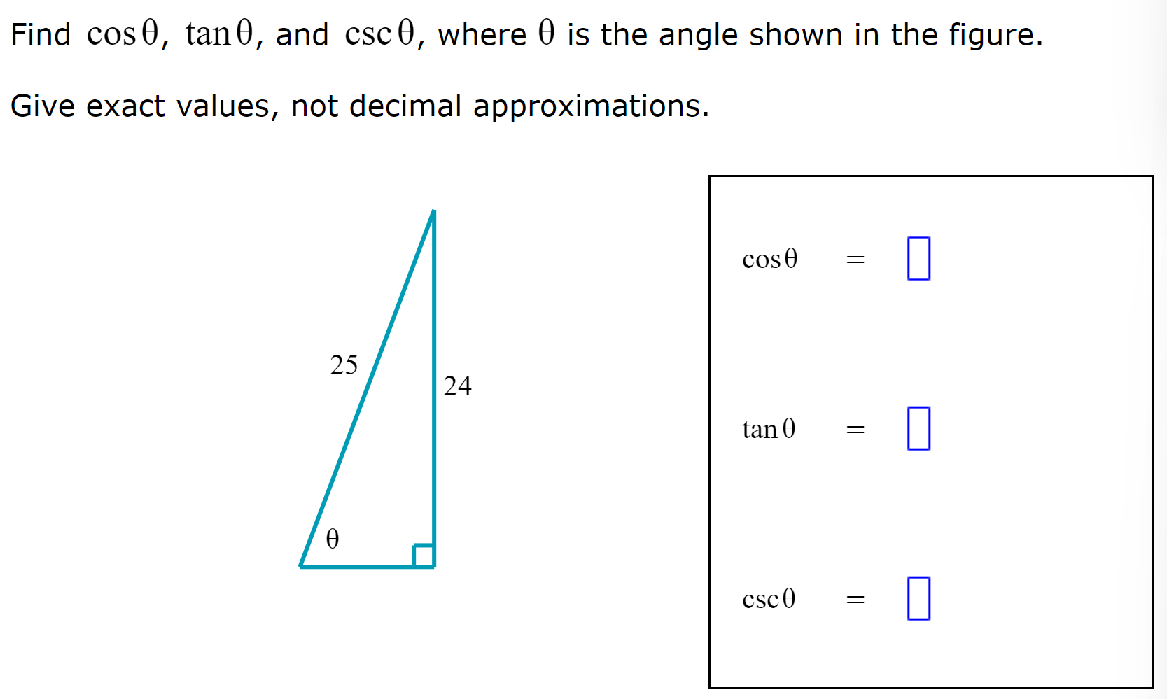 Solved Find cosθ,tanθ, and cscθ, where θ is the angle shown | Chegg.com