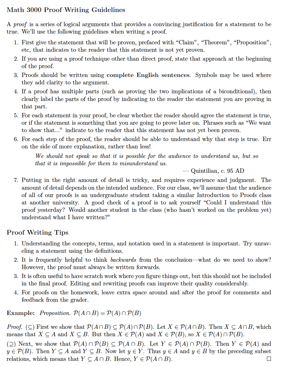 Solved Math 3000 Proof Writing Guidelines A proof is a | Chegg.com