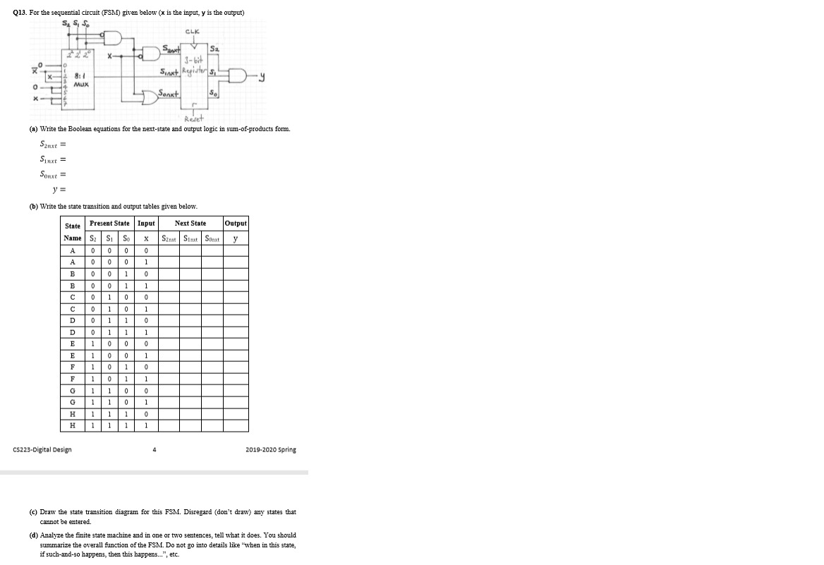 Solved Q13. For the sequential circuit (FSM) given below (x | Chegg.com