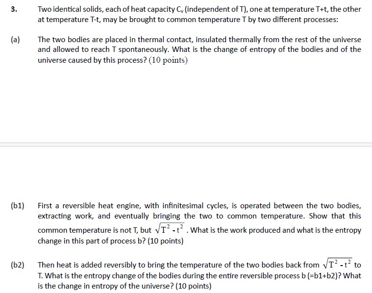 Solved 3. Two Identical Solids, Each Of Heat Capacity Cv | Chegg.com