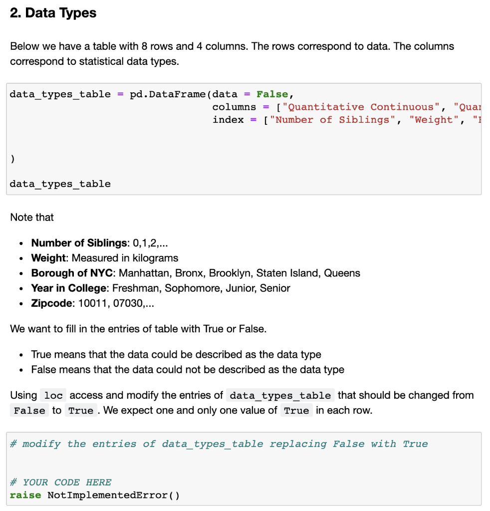 2. Data Types Below we have a table with 8 rows and 4 | Chegg.com