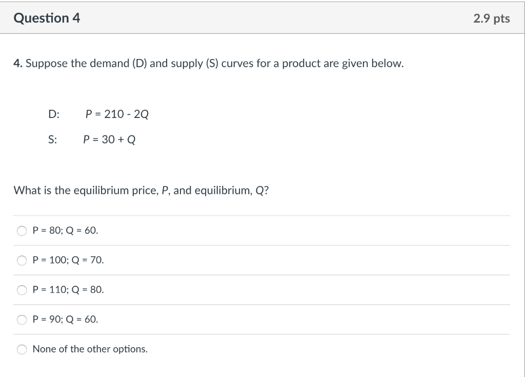Solved Question 4 2.9 pts 4. Suppose the demand (D) and | Chegg.com