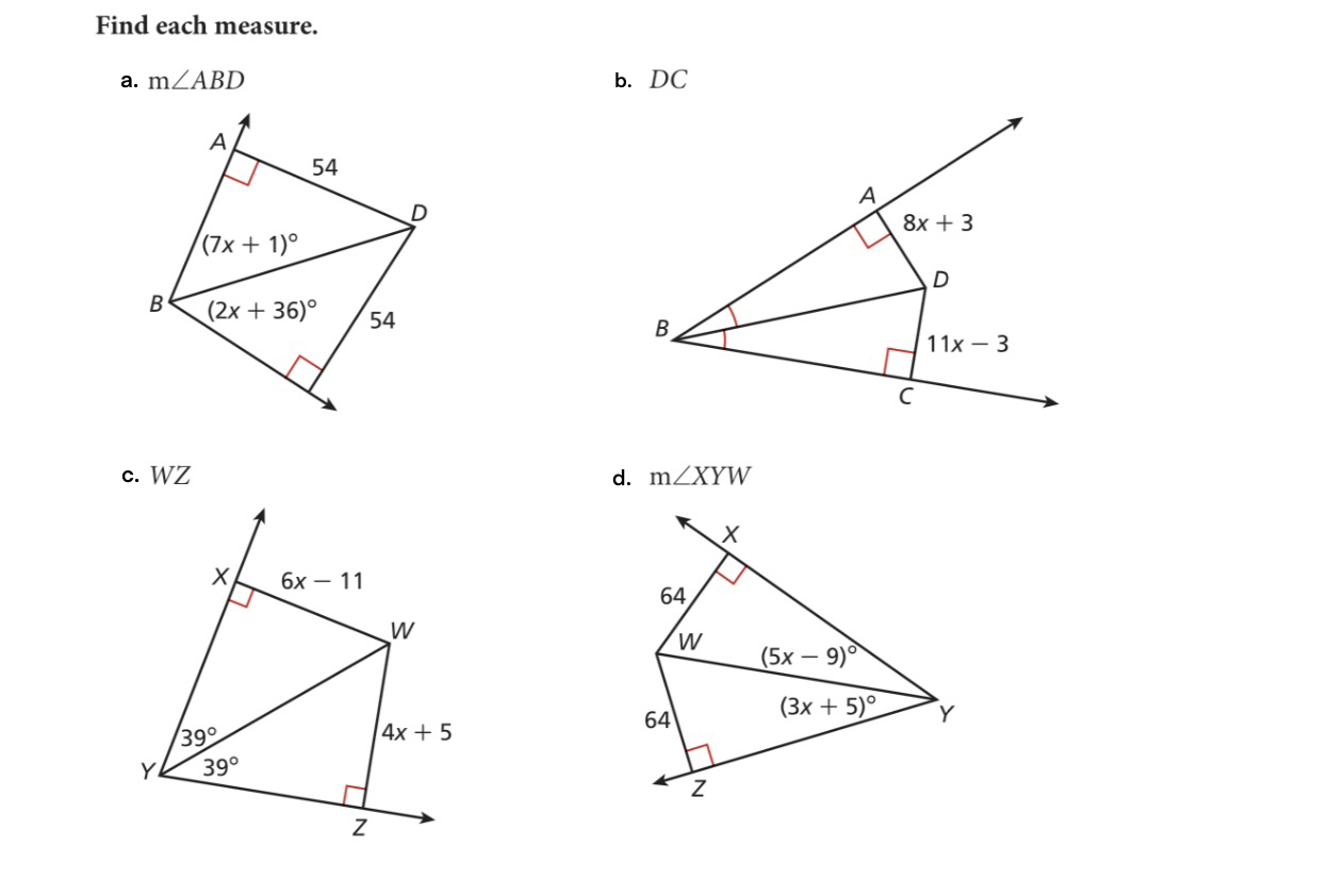 Solved Find each measure. a. m∠ABD b. DC c. WZ d. m∠XYW | Chegg.com