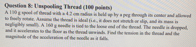 Solved Question 8: Unspooling Thread (100 points) A 110 g | Chegg.com
