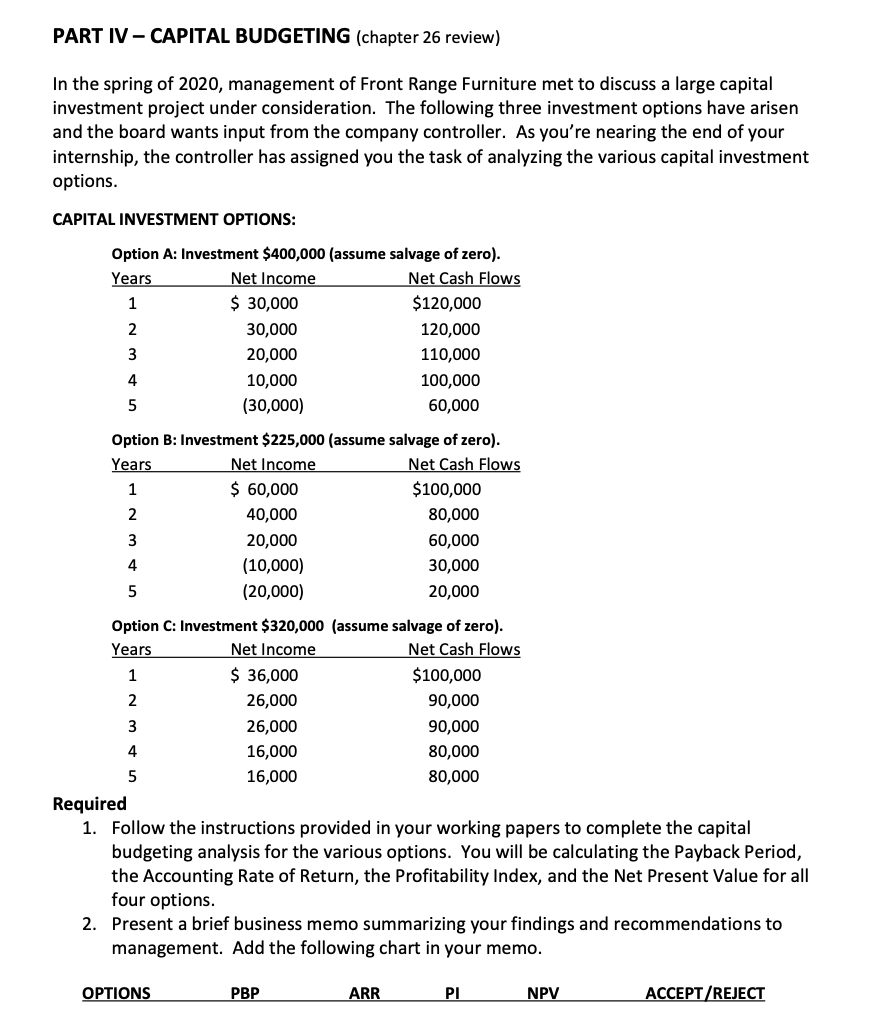 Solved PART IV - CAPITAL BUDGETING (chapter 26 review) In | Chegg.com