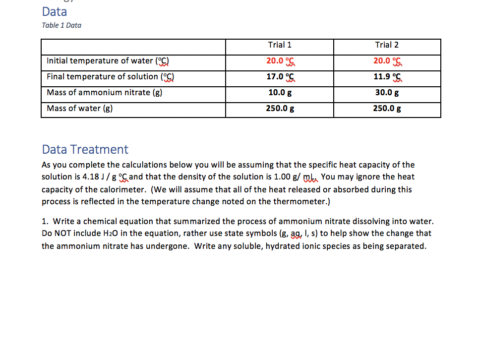 Solved Data Table 1 Data Trial 1 Trial 2 Initial temperature | Chegg.com