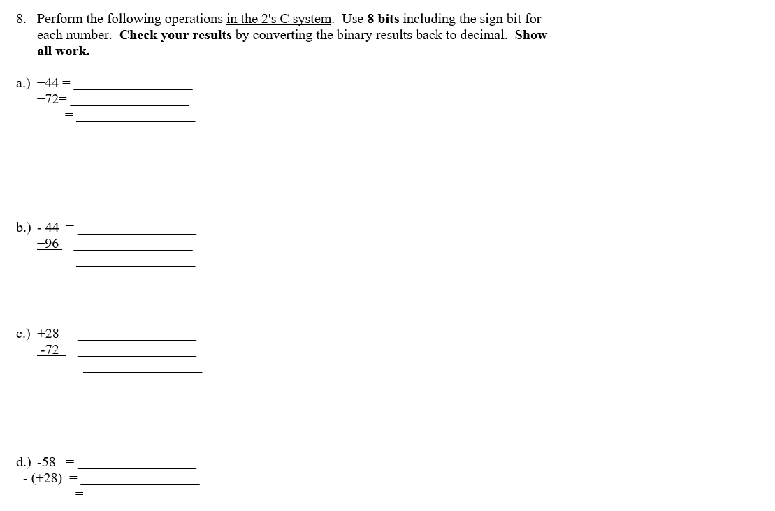 Solved 8. Perform the following operations in the 2's C | Chegg.com