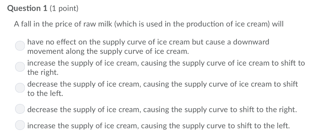 Solved Question 1 (1 point) A fall in the price of raw milk | Chegg.com