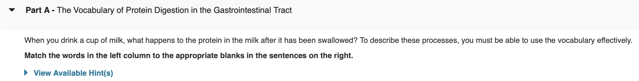 Solved Part A - The Vocabulary of Protein Digestion in the | Chegg.com