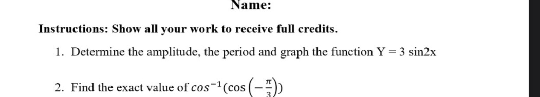 Solved Name:Instructions: Show all your work to receive full | Chegg.com