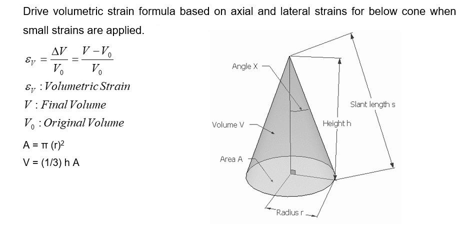 Drive volumetric strain formula based on axial and lateral strains for below cone when
small strains are applied.
=
Ey =
Angl