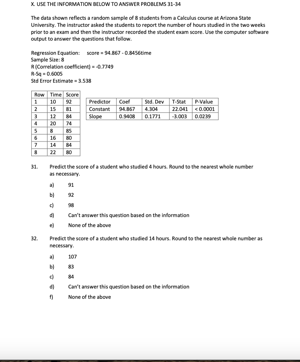 Solved X. USE THE INFORMATION BELOW TO ANSWER PROBLEMS 31-34 | Chegg.com