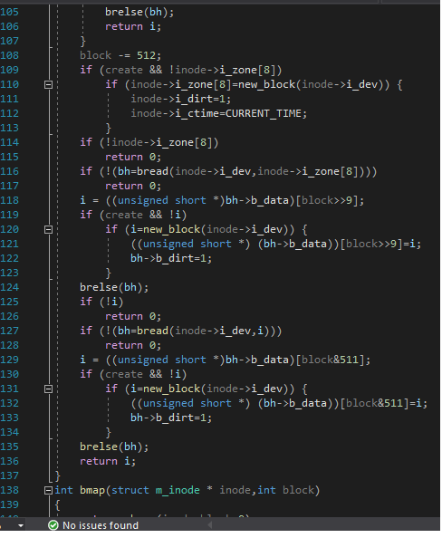 brelse (bh); return i; 195 106 197 108 109 block -= 512; if (create && !inode->i_zone[8]) if (inode->i_zone[8]=new_block(inod