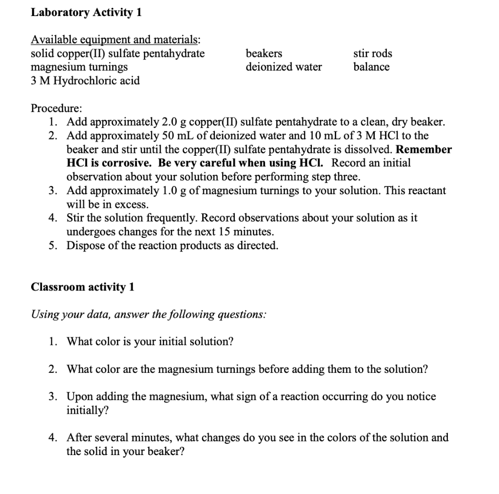Solved Laboratory Activity 1 Available equipment and | Chegg.com