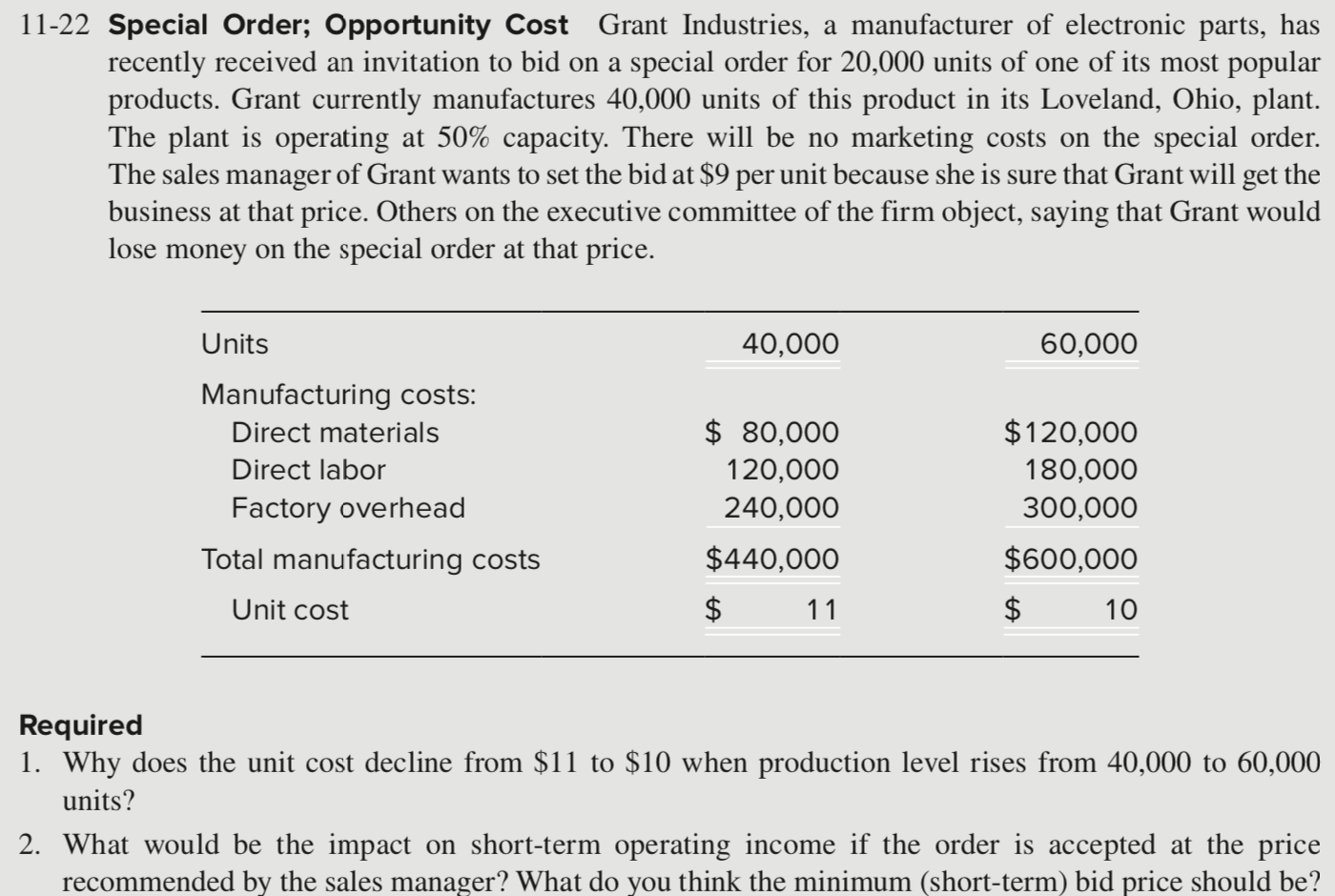 Solved 1122 Special Order; Opportunity Cost Grant