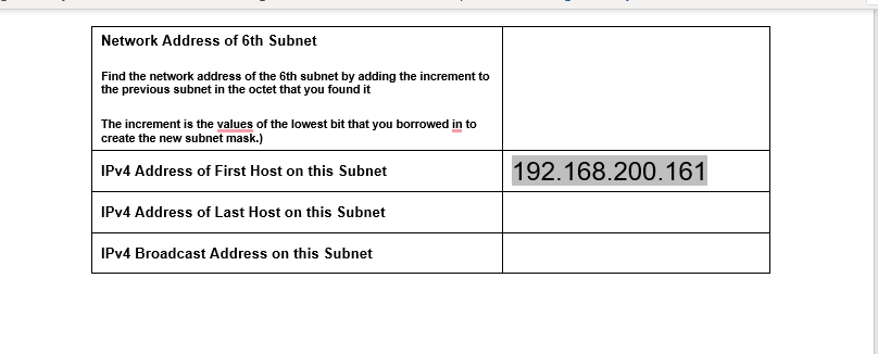 Network Address of 6 th Subnet
Find the network address of the 6th subnet by adding the increment to the previous subnet in t