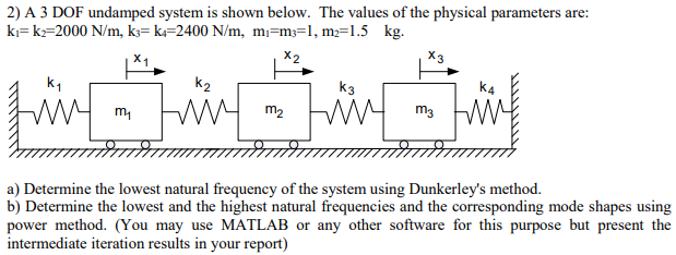 Solved 2) A 3 DOF undamped system is shown below. The values | Chegg.com