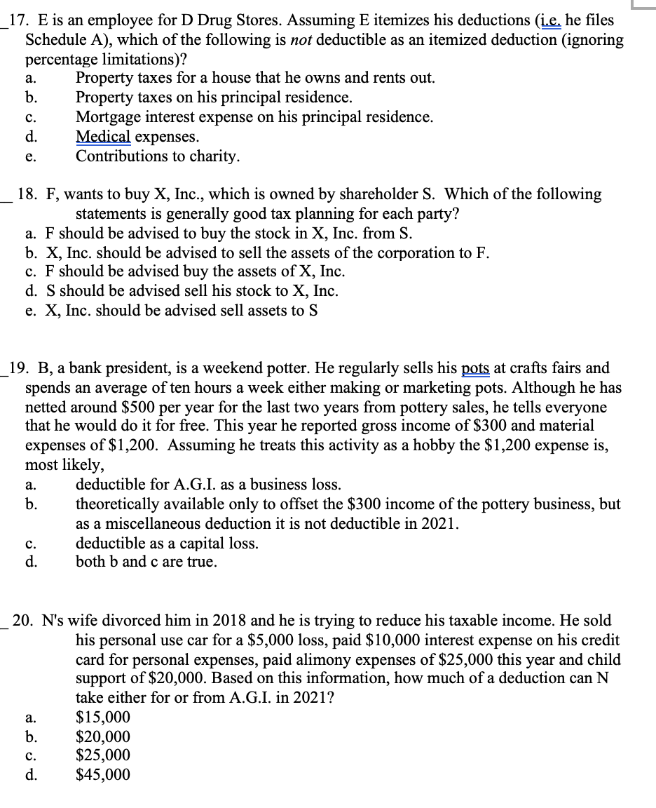 Solved 17. E is an employee for D Drug Stores. Assuming E | Chegg.com