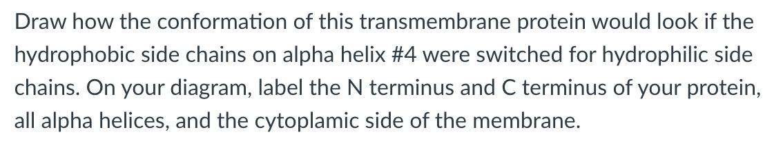 Draw how the conformation of this transmembrane protein would look if the hydrophobic side chains on alpha helix \#4 were swi