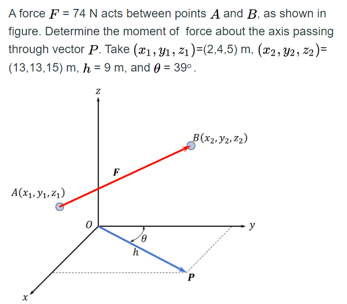 Solved A force F = 74 N acts between points A and B, as | Chegg.com