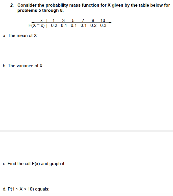 Solved 2. Consider the probability mass function for X given | Chegg.com