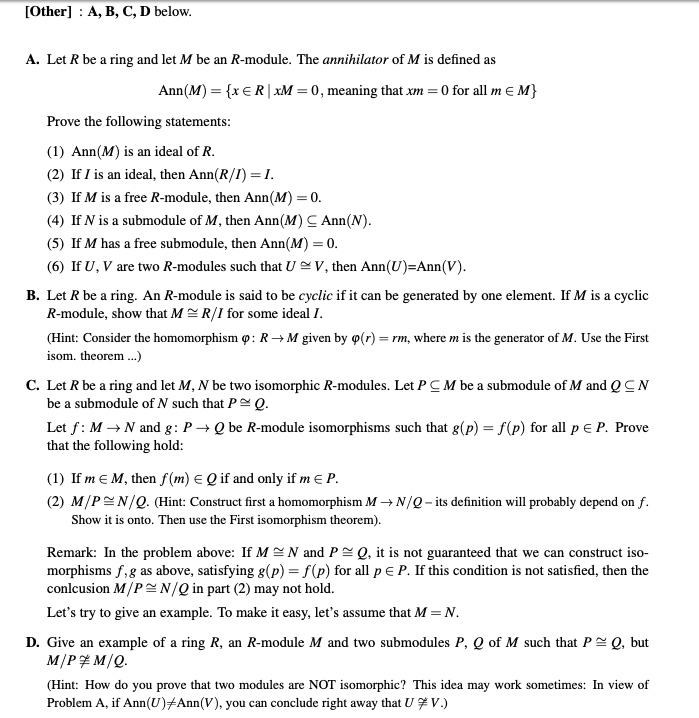 Solved [Other] A, B, C, D below A. Let R be a ring and let