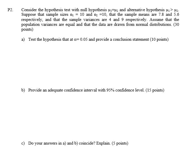 Solved P2. Consider The Hypothesis Test With Null Hypothesis | Chegg.com